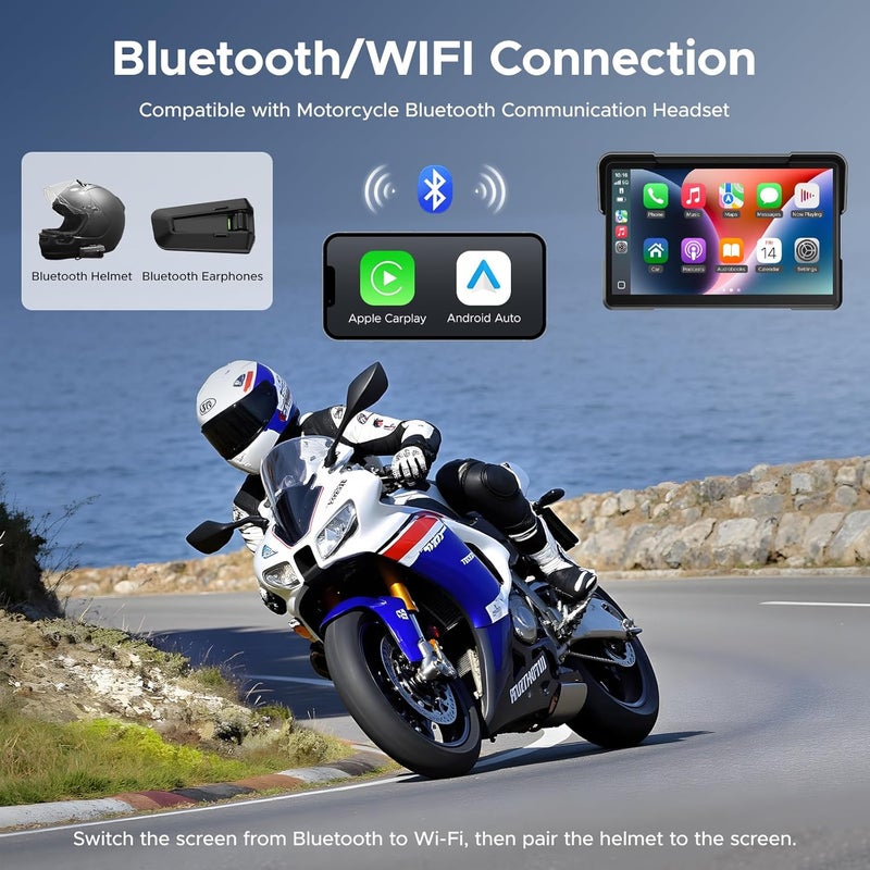 Volam Wireless Motorcycle CarPlay Screen, 7-inch IP67 Waterproof Touchscreen,GPS Navigation System,Anti-Glare for Daylight, Voice Control, Dual Bluetooth, Suitable for Harley, Kawasaki, Yamaha, etc. - Image 3